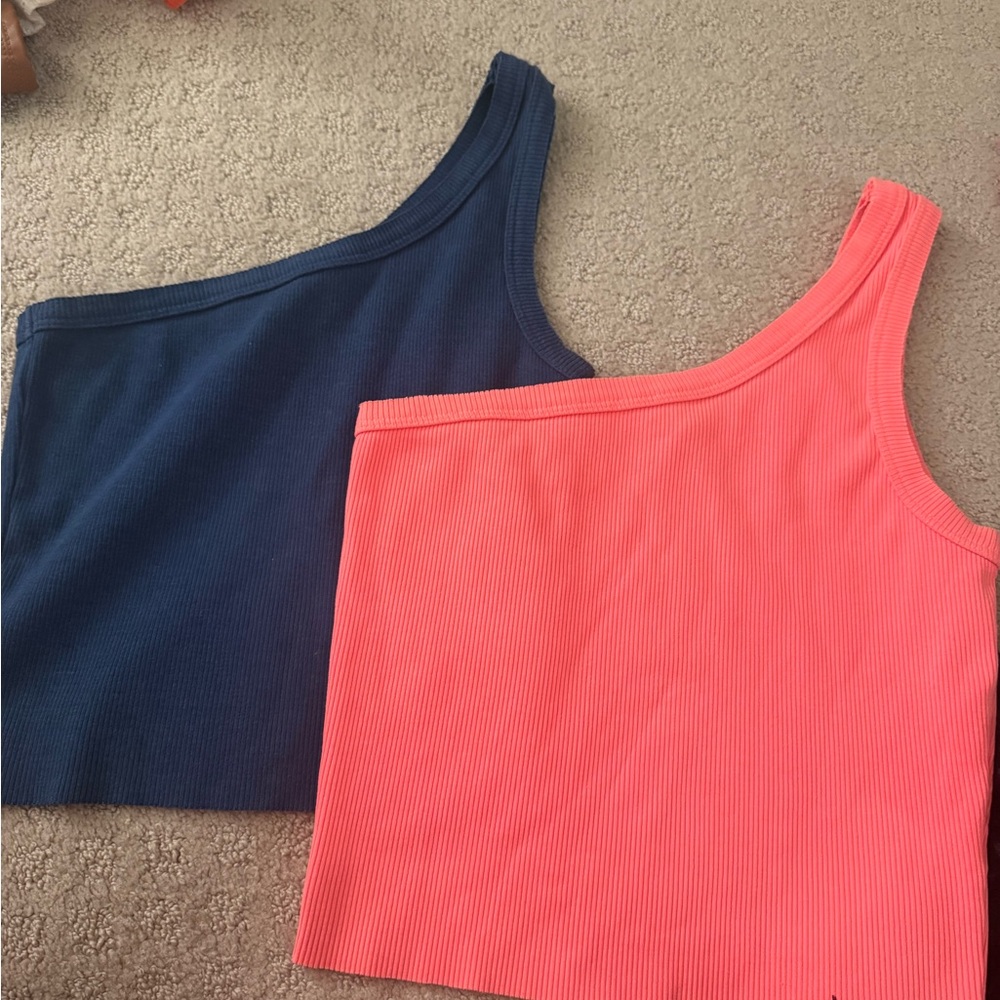 Boutique One-Shoulder Ribbed Crop Tops - Navy and Coral